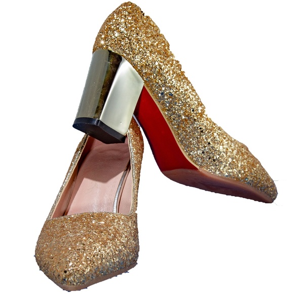 Gold Glitter Block Mirror Heel Pointed Toe Pumps 7 - Picture 1 of 2
